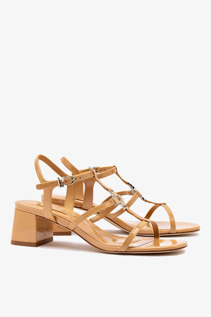 Hana Block In Tan Patent Leather Sandal Larroudé