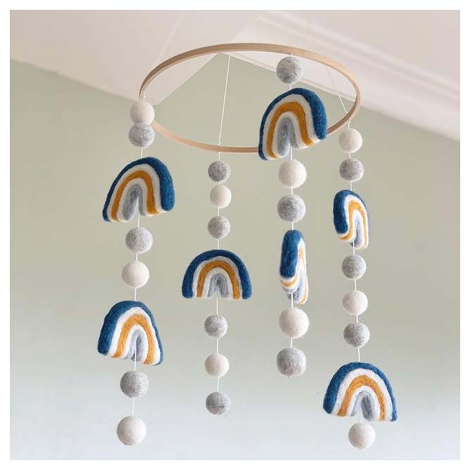 Sheepish Design Hand Made NZ Wool Baby Mobile - Rainbows Blue | Koop.co.nz