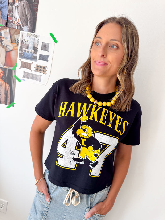 Gameday Social Hawkeyes Est Black Cropped Tee – women's short sleeve tee