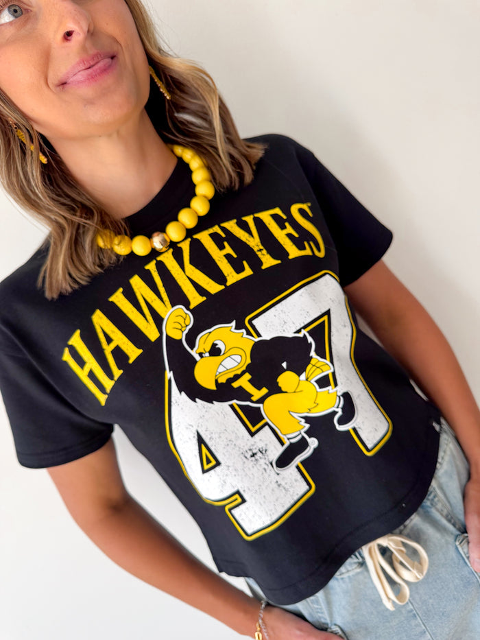 Gameday Social Hawkeyes Est Black Cropped Tee – women's short sleeve tee