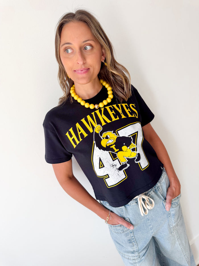 Gameday Social Hawkeyes Est Black Cropped Tee – women's short sleeve tee