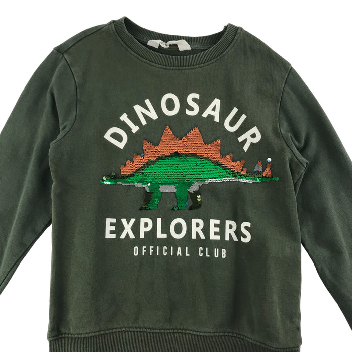 H&M 7 years khaki green sequin dinosaur cotton sweater