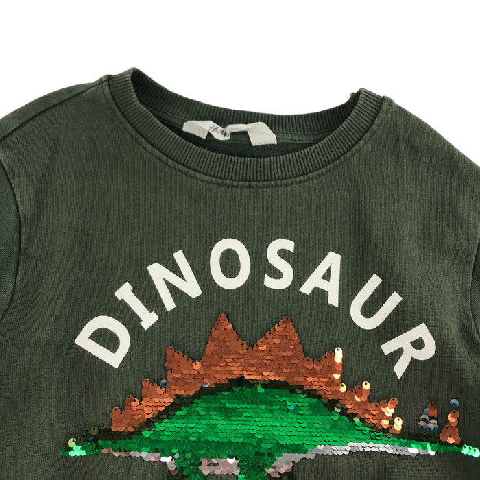 H&M 7 years khaki green sequin dinosaur cotton sweater