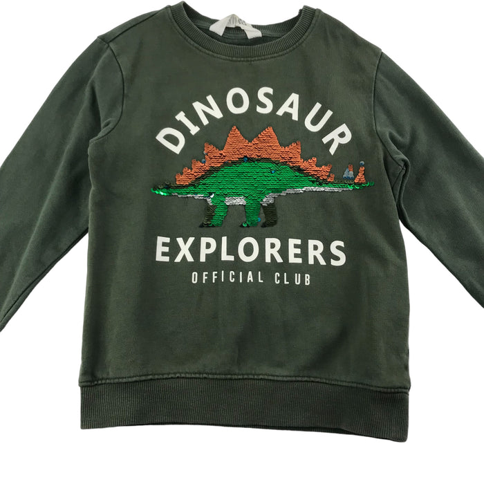H&M 7 years khaki green sequin dinosaur cotton sweater