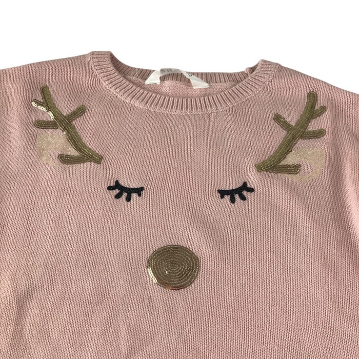 H&M festive jumper 10-12 years light pink sequin reindeer face