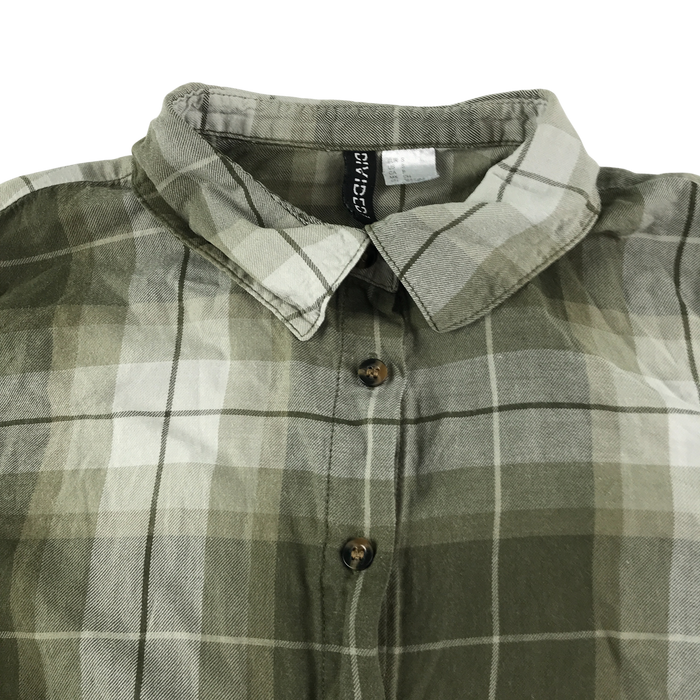 H&M womens S green checked plisse sleeve cotton shirt