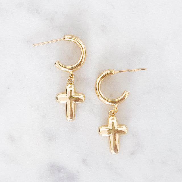 Huggie Earring W/Puffy Cross Dangle