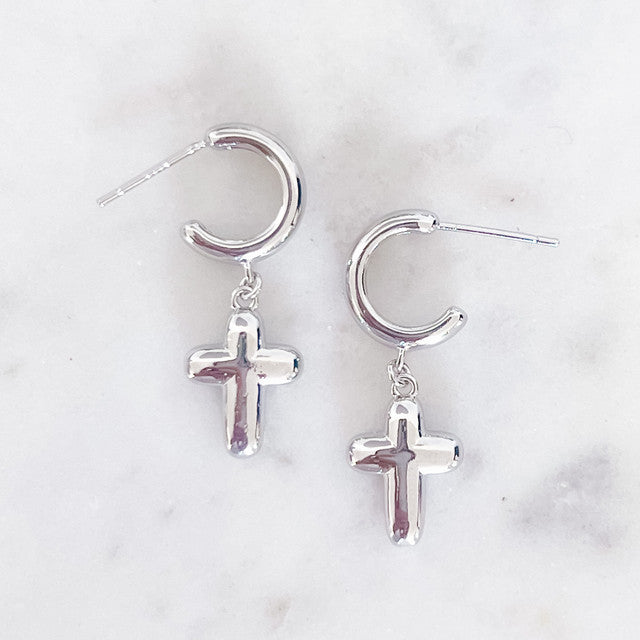 Huggie Earring W/Puffy Cross Dangle