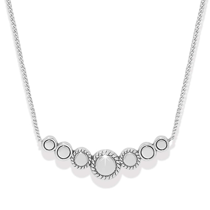 Brighton necklace with seven graduated silver-plated circles and rope-textured detailing on a white background