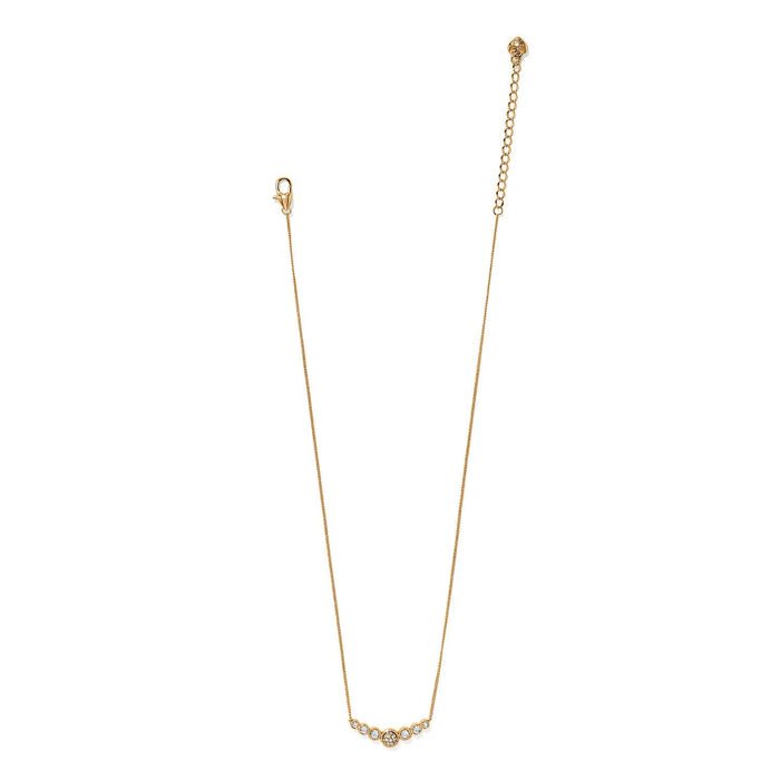 Brighton gold-plated necklace with crystal accents, lobster clasp, and adjustable extender chain on a white background
