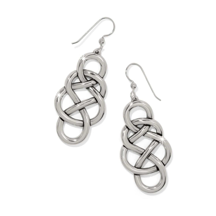 Brighton drop earrings with silver-plated interwoven knot design and french hook wires on a white background