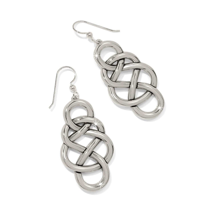 Brighton drop earrings with silver-plated interwoven knot design and french hook wires on a white background