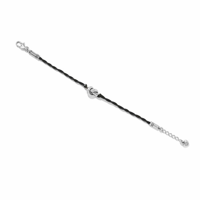 Brighton bracelet with twisted black leather cord and silver-plated knot accent with lobster clasp on a white background