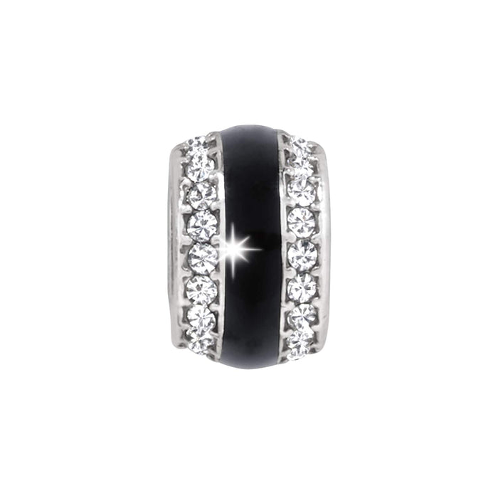 Brighton charm bead with black enamel center band and two rows of crystal accents on a white background