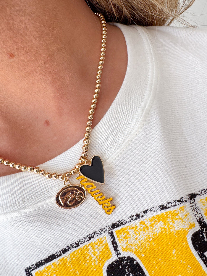 Iowa Hawkeyes Ball Bead Charm Necklace in Shiny Gold