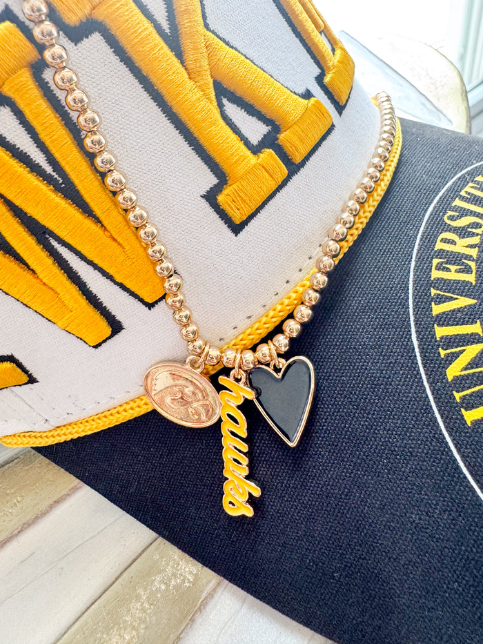 Iowa Hawkeyes Ball Bead Charm Necklace in Shiny Gold