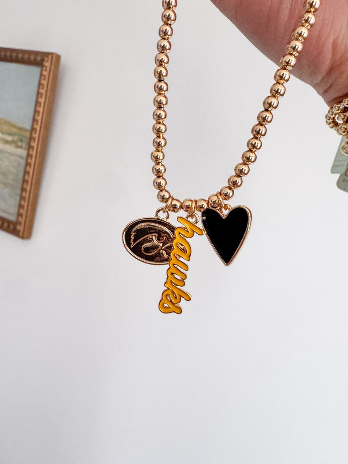 Iowa Hawkeyes Ball Bead Charm Necklace in Shiny Gold