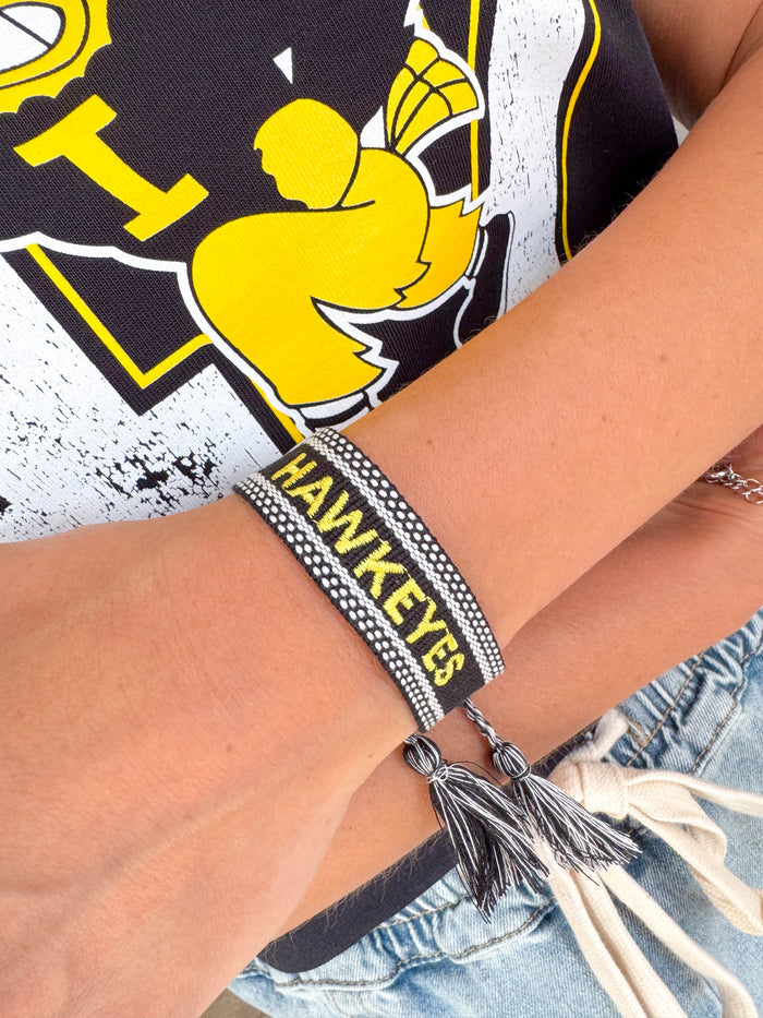 Iowa Hawkeyes Woven Tassel Bracelet in Black