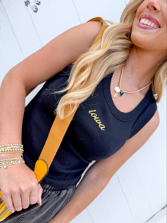 Bucketlist Iowa Script Black Ribbed Tank – women's tank top