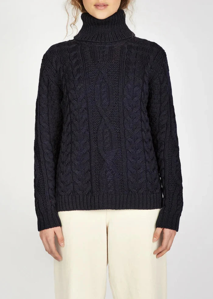 IrelandsEye Women's Polo Neck Aran Sweater | Navy
