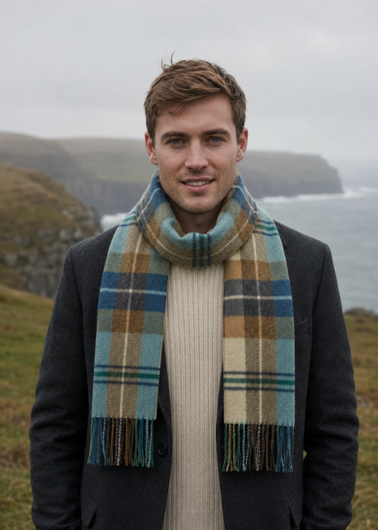 Irish Wool Scarf Long Citrus Blue Brown Plaid John Hanly