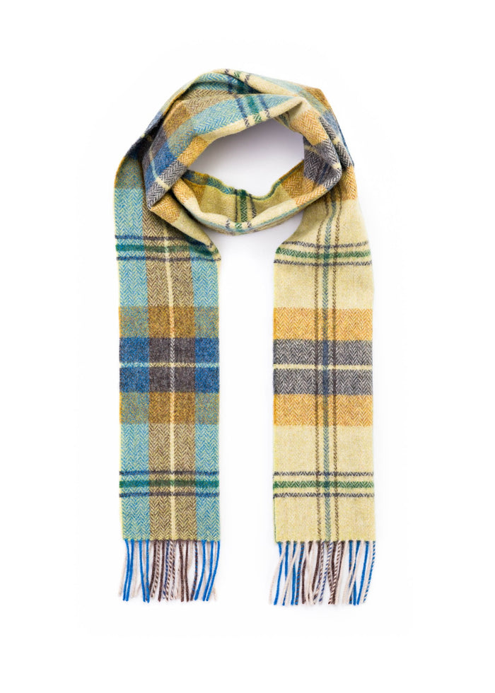 Irish Wool Scarf Long Citrus Blue Brown Plaid