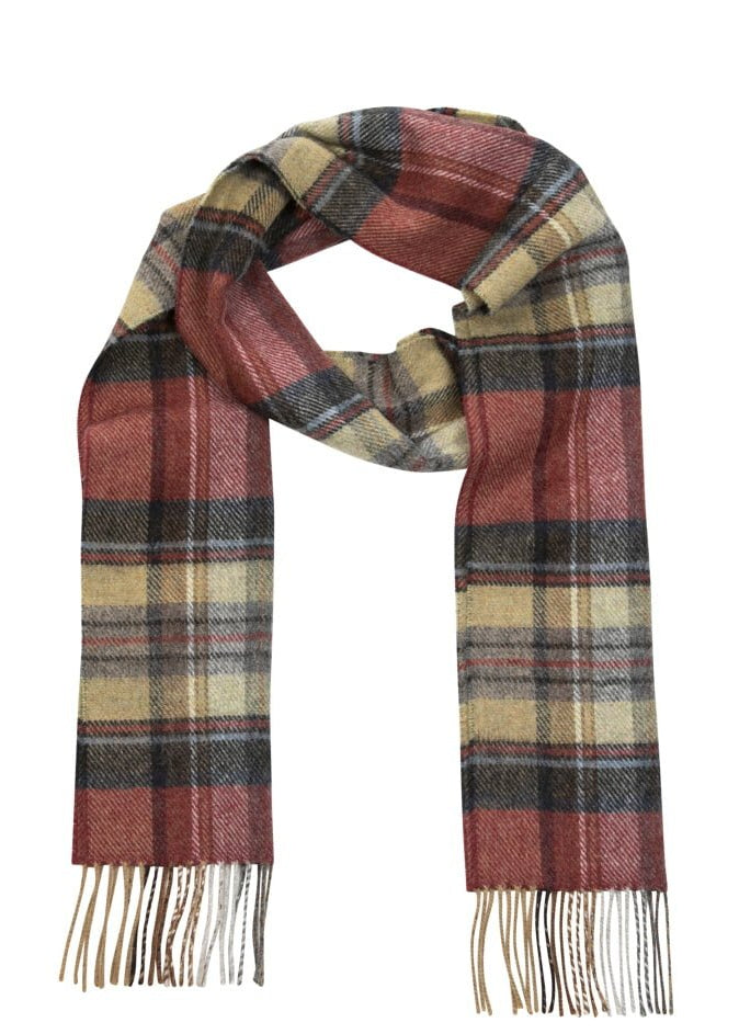 Irish Wool Scarf Long Red Grey Straw Plaid