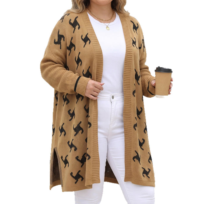 Jacquard Knit Cardigan - Oversized Open-Front Pullover Sweater