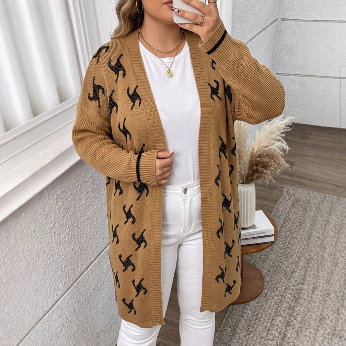 Jacquard Knit Cardigan - Oversized Open-Front Pullover Sweater