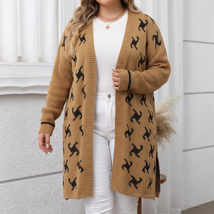 Jacquard Knit Cardigan - Oversized Open-Front Pullover Sweater