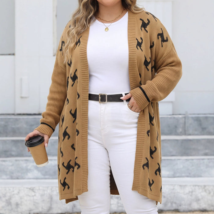 Jacquard Knit Cardigan - Oversized Open-Front Pullover Sweater