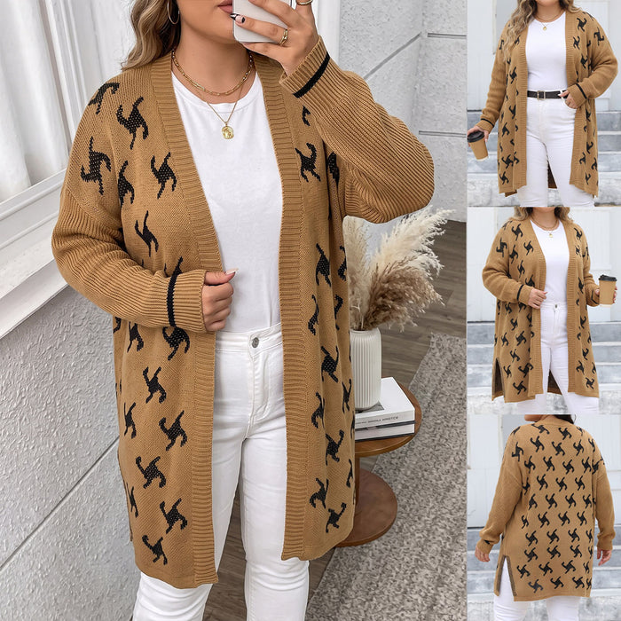 Jacquard Knit Cardigan - Oversized Open-Front Pullover Sweater