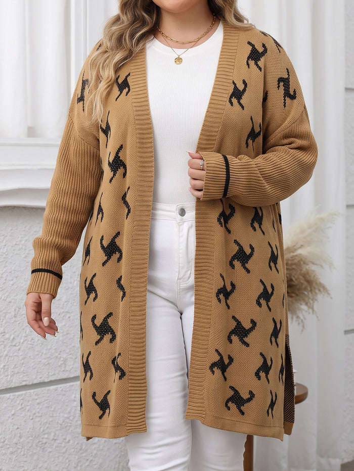Jacquard Knit Cardigan - Oversized Open-Front Pullover Sweater