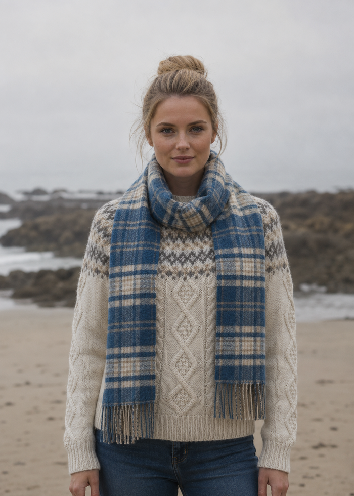 John Hanly Blue Beige Check Scarf | 100% Irish Lambswool
