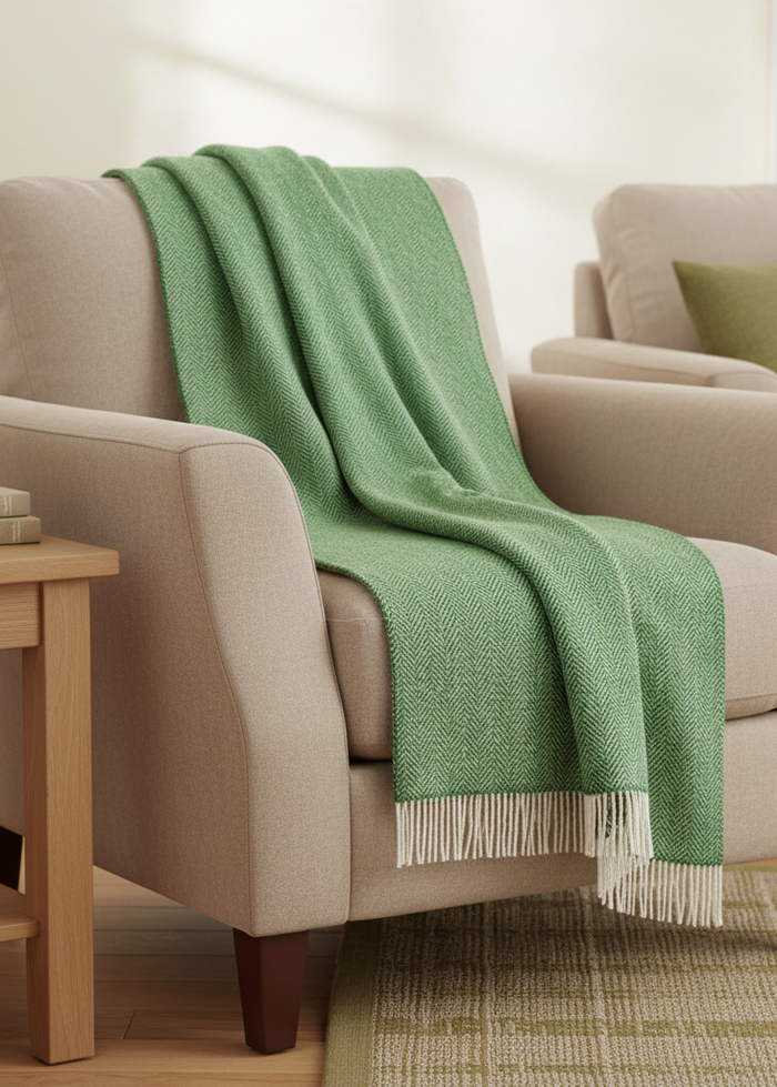 John Hanly Cashmere Merino Throw | Green Herringbone