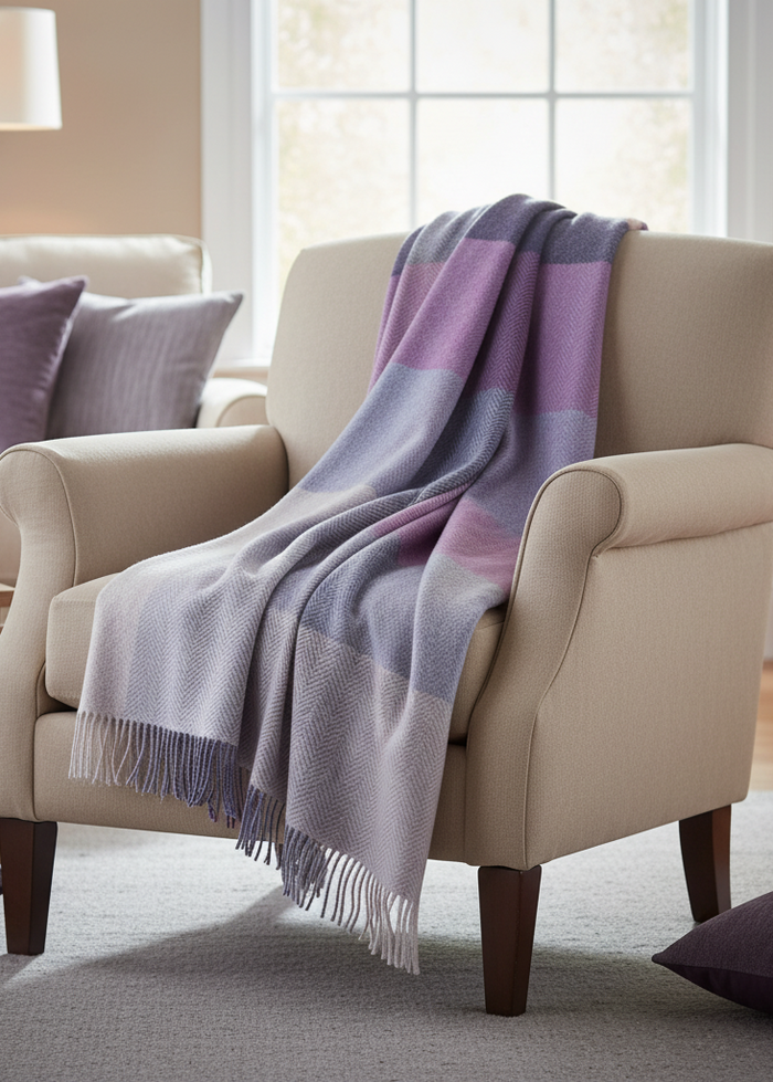 Beige armchair with a purple and gray striped blanket in a living room setting.
