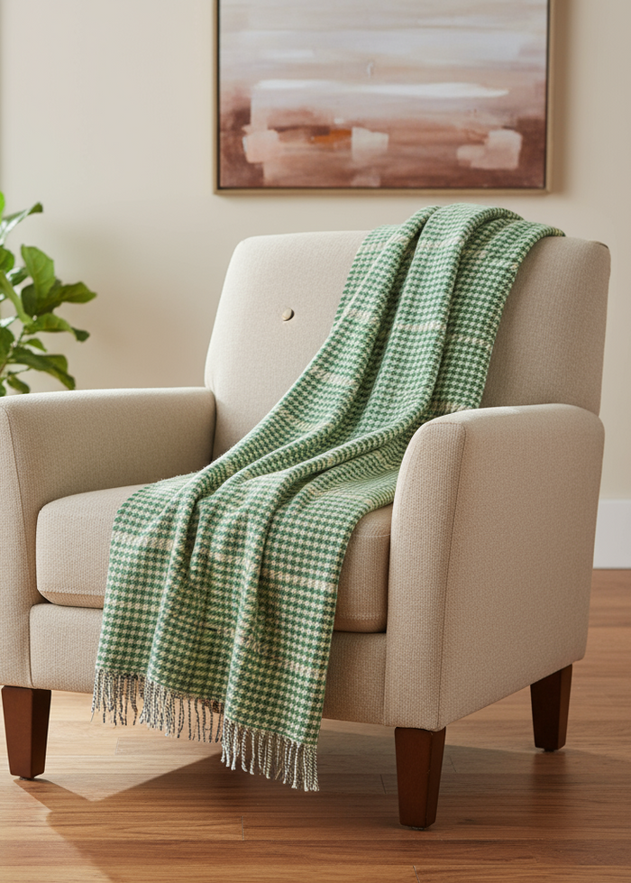 John Hanly Cashmere Throw | Green Cream Herringbone Check