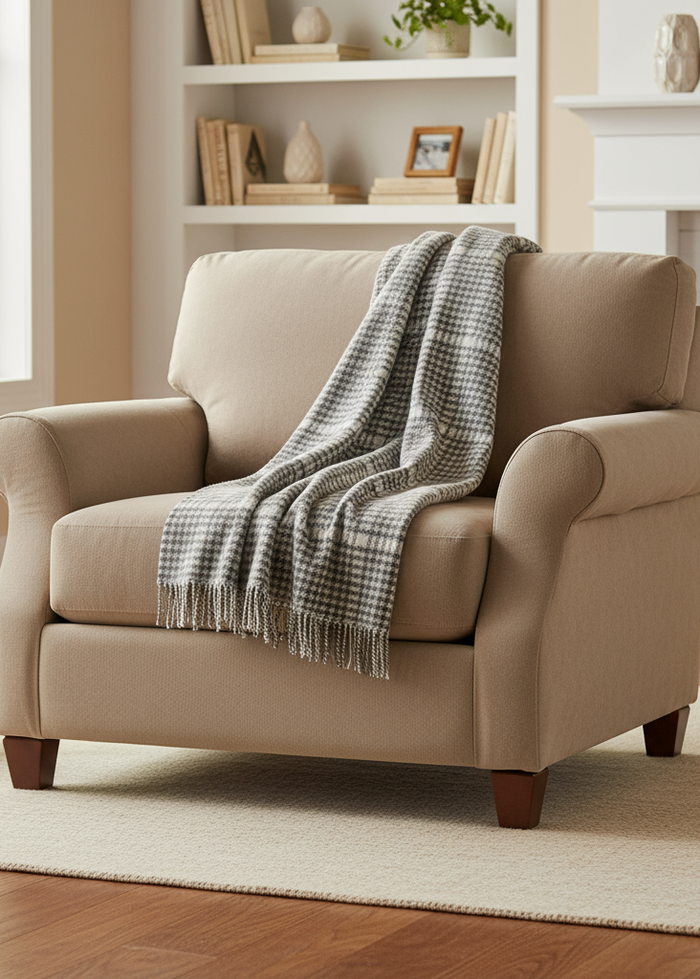 John Hanly Cashmere Throw | Grey White Herringbone Check