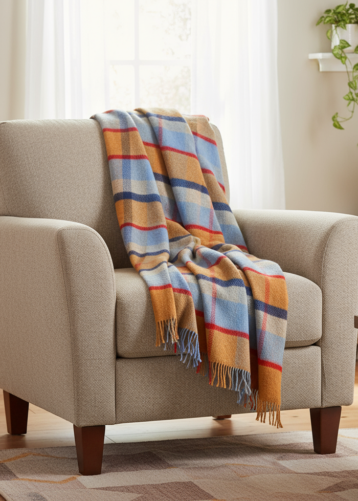 John Hanly Cashmere Throw | Orange Blue Check
