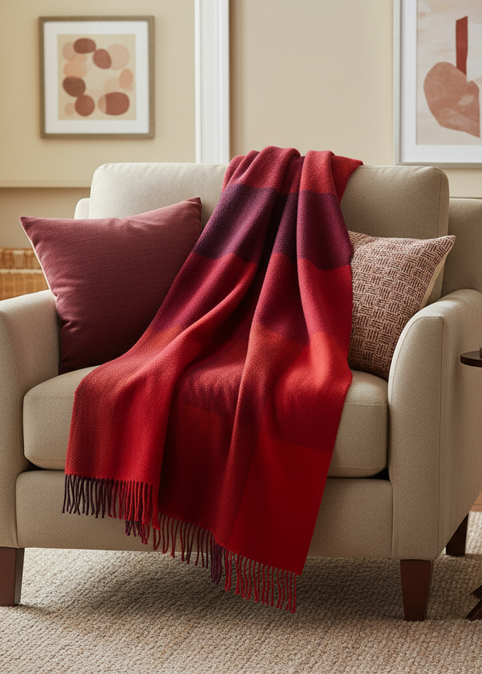 Beige armchair with a red blanket and pillows in a cozy living room setting.