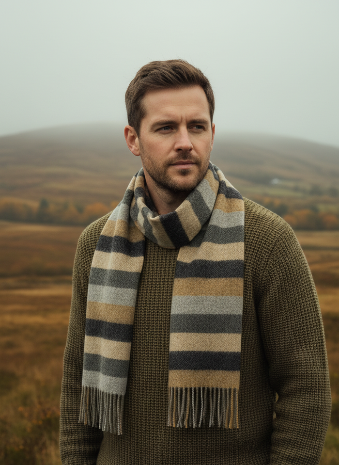 Man wearing a striped scarf and brown sweater in a scenic outdoor setting