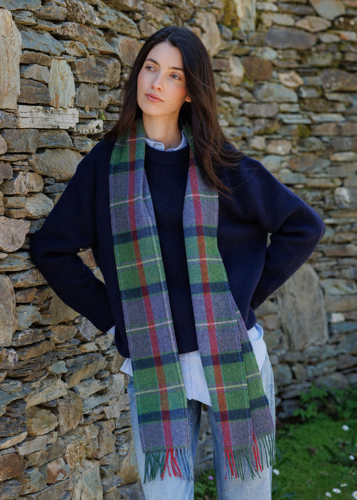 John Hanly Lambswool Scarf | Green Navy Check | Irish Heritage
