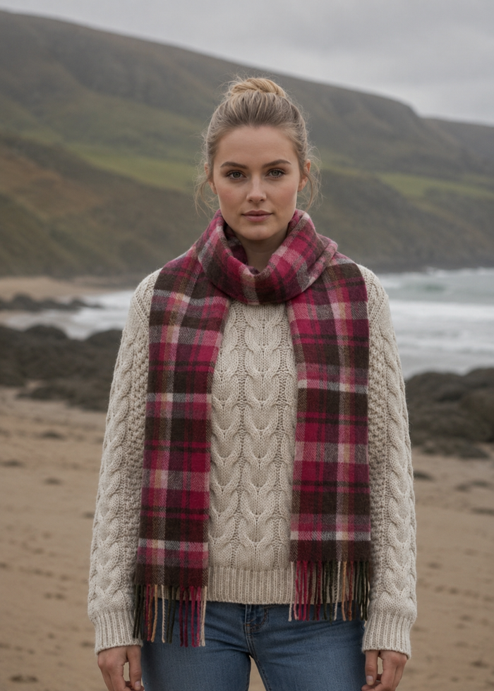 John Hanly Lambswool Scarf | Pink Maroon Check | Irish Heritage