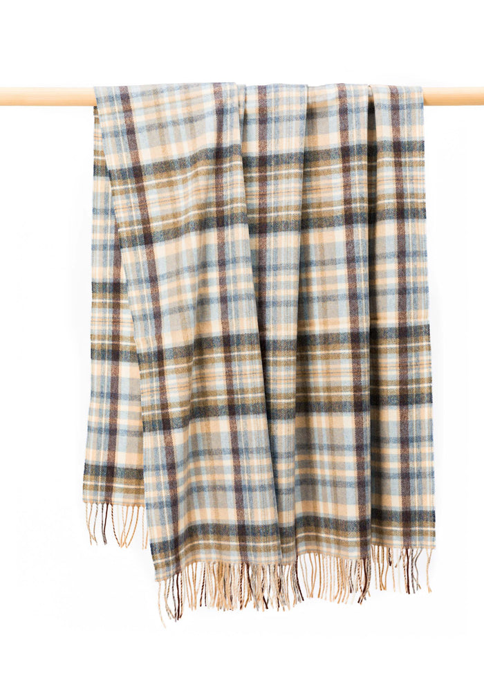 John Hanly Lambswool Throw | Blue Cream Brown Denim Check