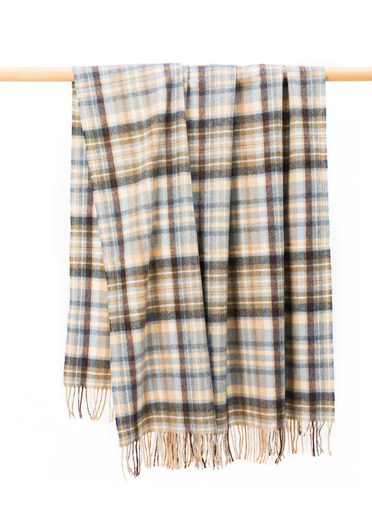 John Hanly Lambswool Throw | Blue Cream Brown Denim Check