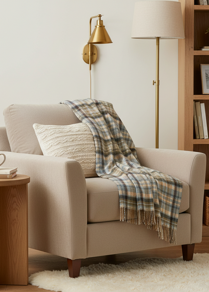John Hanly Lambswool Throw | Blue Cream Brown Denim Check