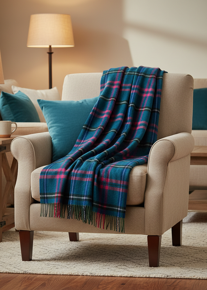 John Hanly Lambswool Throw | Blue Pink Grey Check