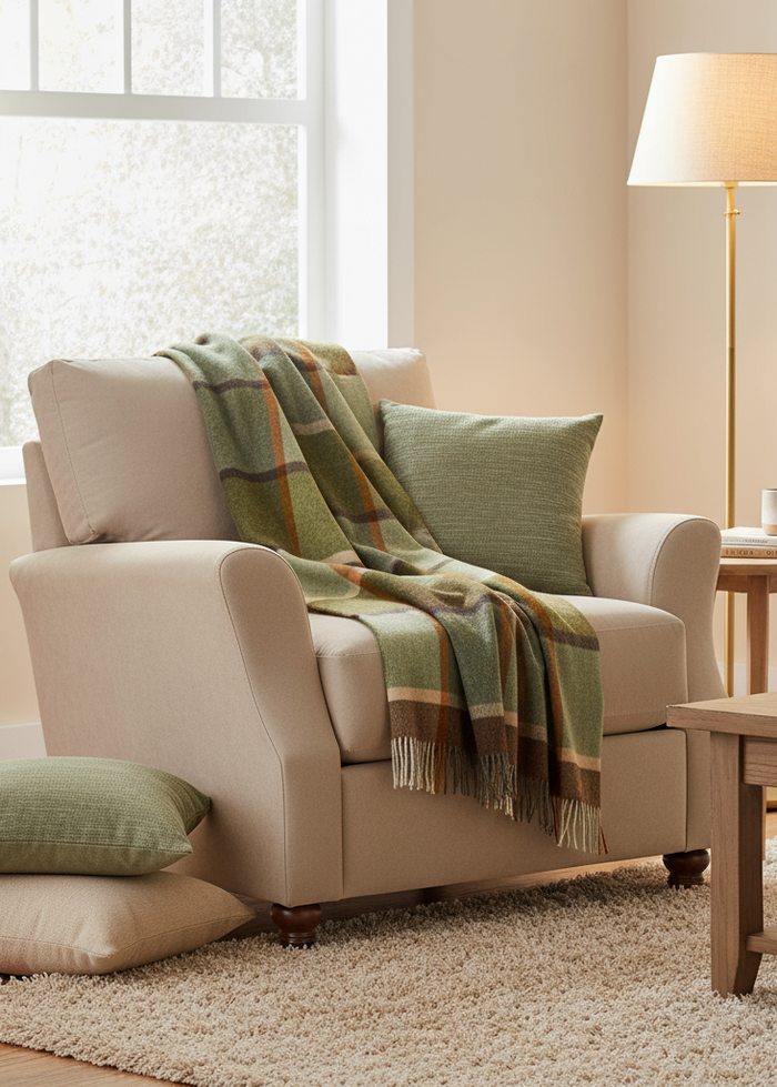 John Hanly Lambswool Throw | Green Brown Orange Check