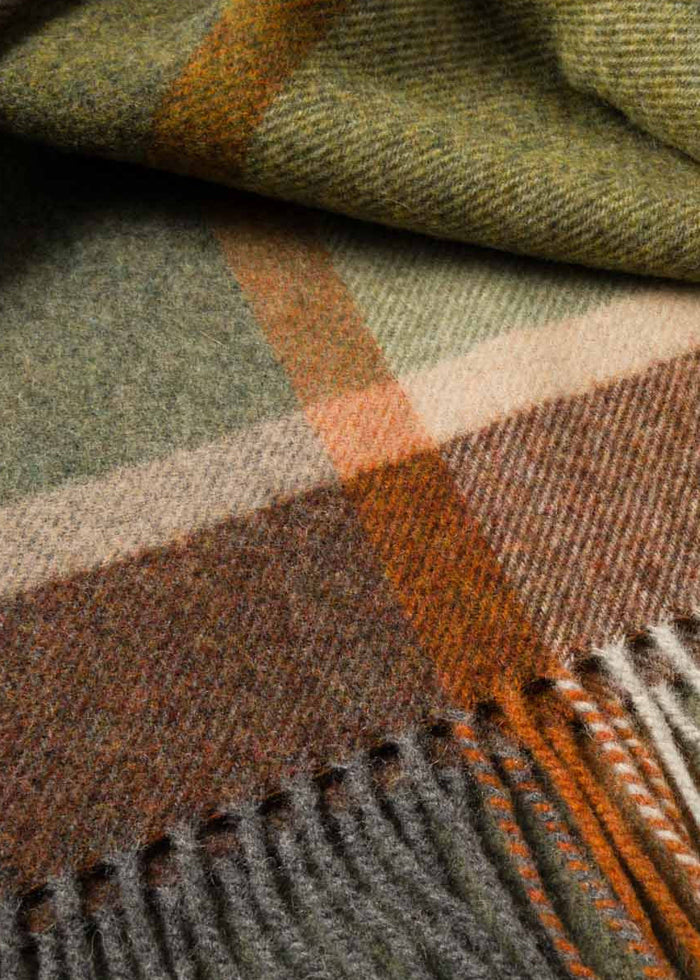 John Hanly Lambswool Throw | Green Brown Orange Check
