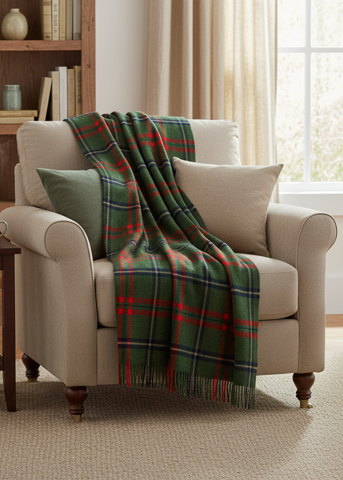 John Hanly Lambswool Throw | Green Red Navy Blue Check